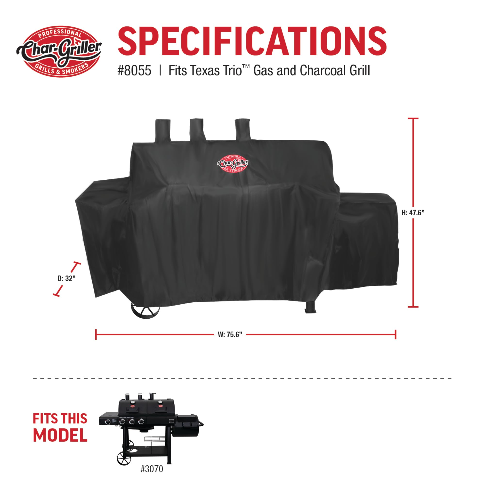 Char-Griller 3070 cover with sealed seams resists fading and water for long-lasting protection