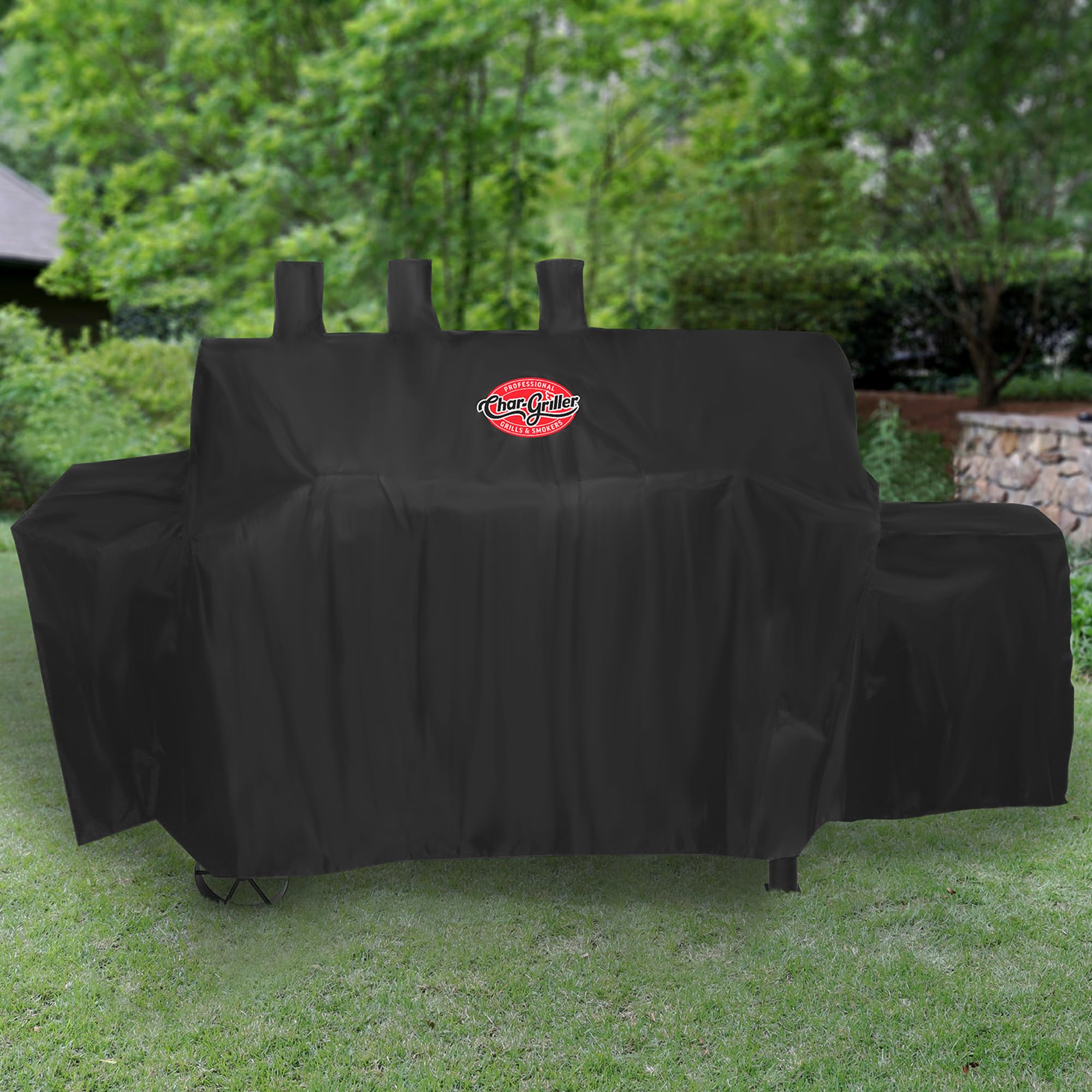 Char-Griller Texas Trio cover uses weather-resistant fabric to protect finish in sun and moisture