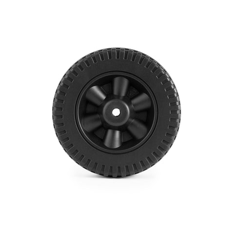 Charbrofire wheel delivers quiet rolling on outdoor grill surfaces.