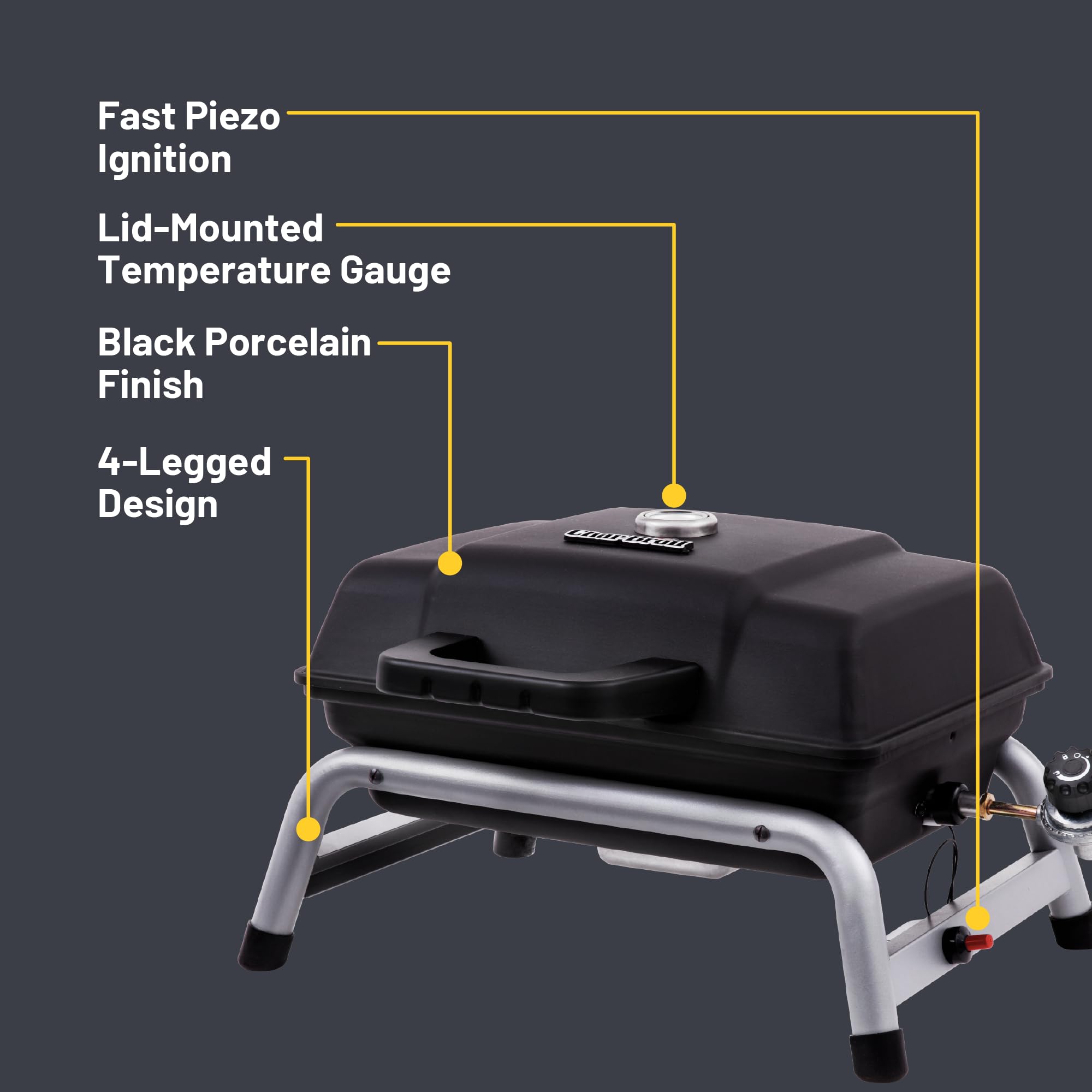 Char-Broil 1-Burner portable grill removable grease tray for easy cleanup.