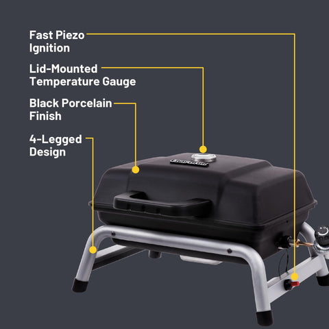 Char-Broil 1-Burner portable grill removable grease tray for easy cleanup.
