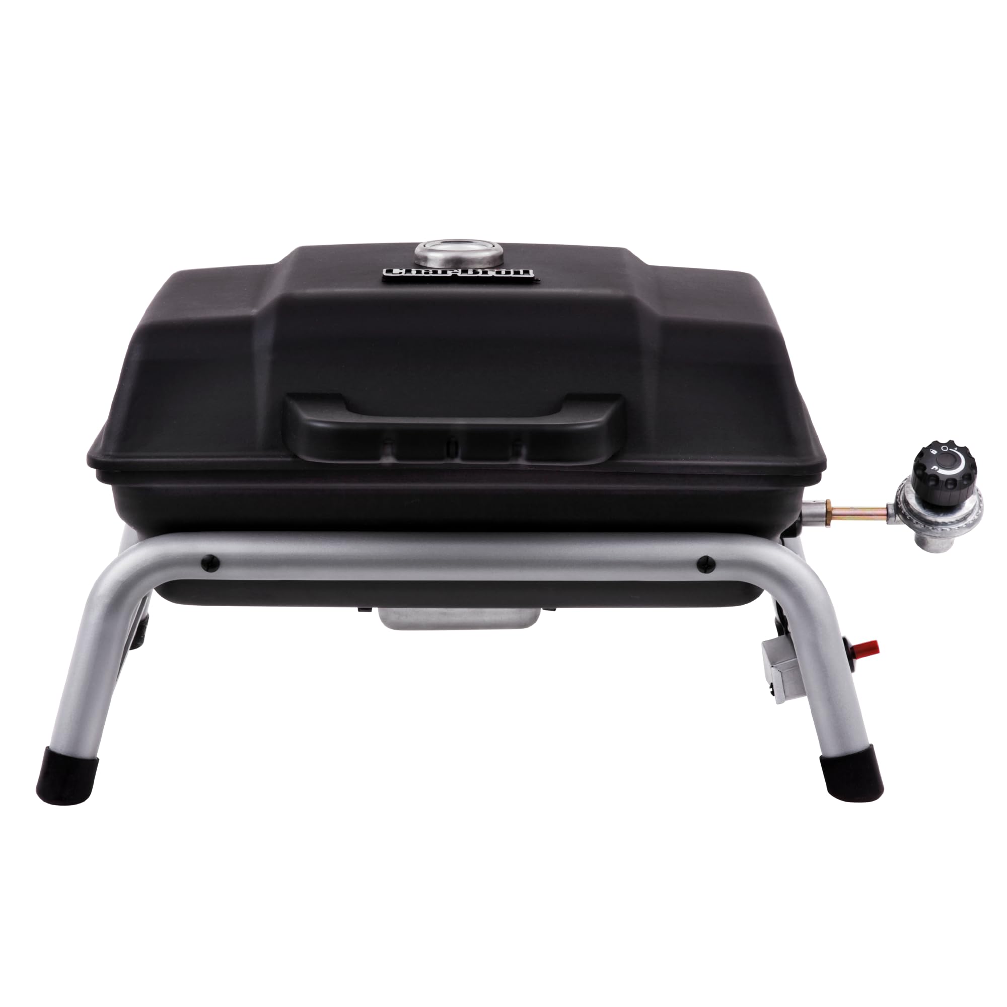 Char-Broil 1-Burner portable grill with lid closed for compact storage and transport.