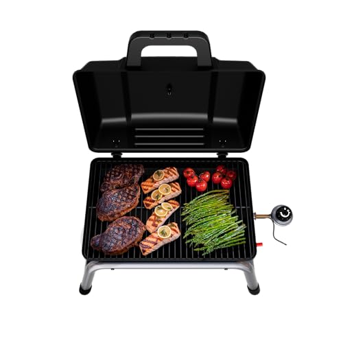 Char-Broil 1-Burner portable grill Piezo ignition lights quickly.
