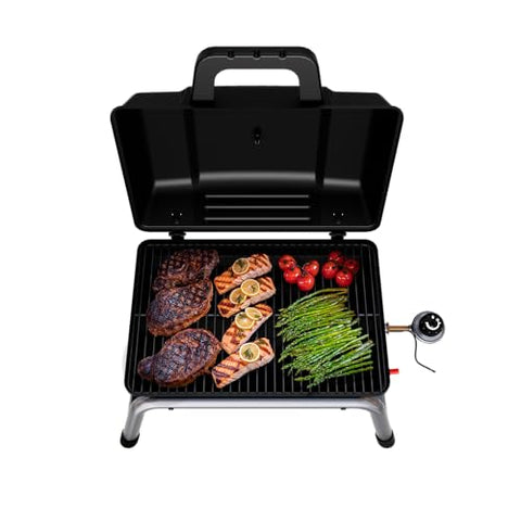 Char-Broil 1-Burner portable grill Piezo ignition lights quickly.