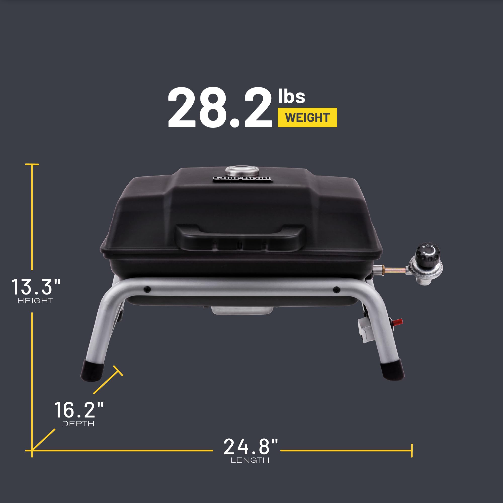 Char-Broil 1-Burner portable grill porcelain-coated grates resist rust and heat evenly.