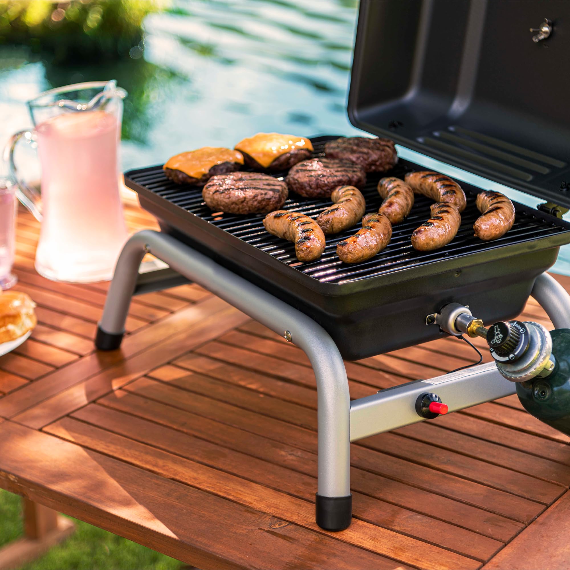 Char-Broil 1-Burner portable grill with a 1-year warranty on parts.