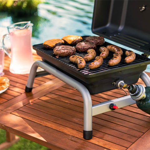 Char-Broil 1-Burner portable grill with a 1-year warranty on parts.
