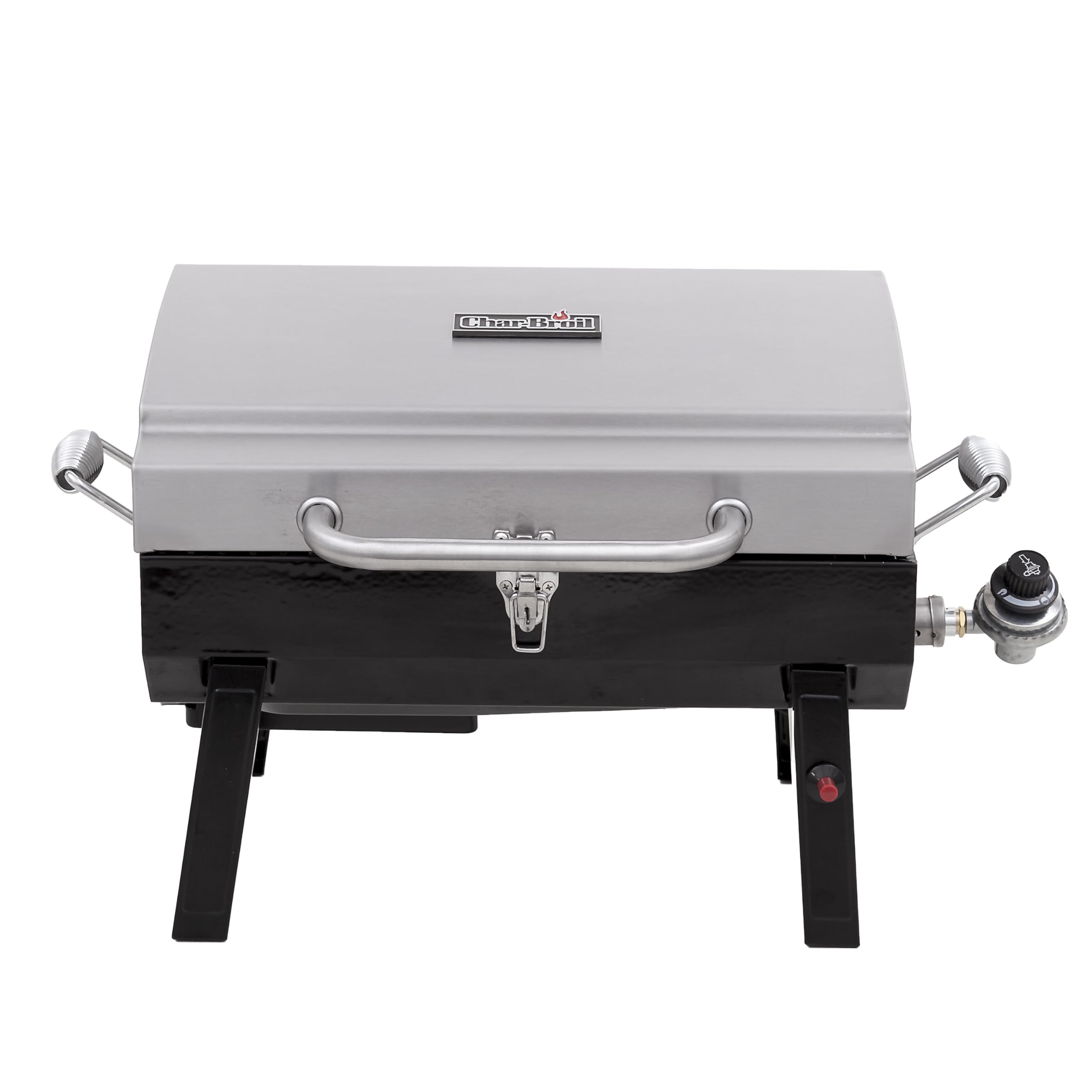Charbroil 1-Burner Portable Grill in stainless steel for on-the-go grilling.