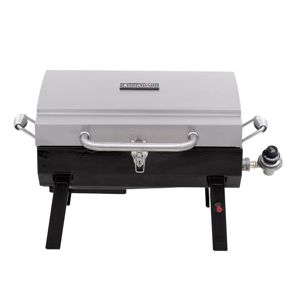 Charbroil 1-Burner Portable Grill in stainless steel for on-the-go grilling.