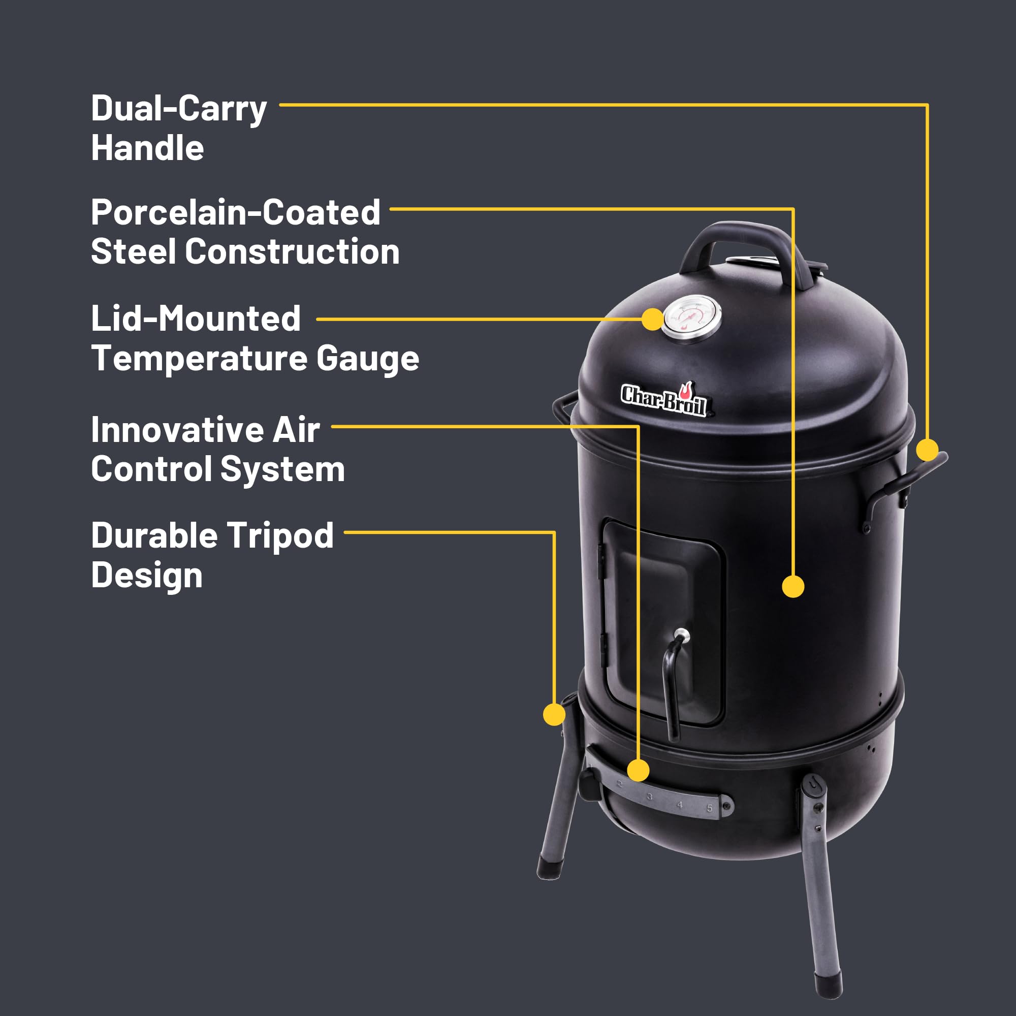 Char-Broil Bullet Smoker ash pan removal enables quick cleanup.