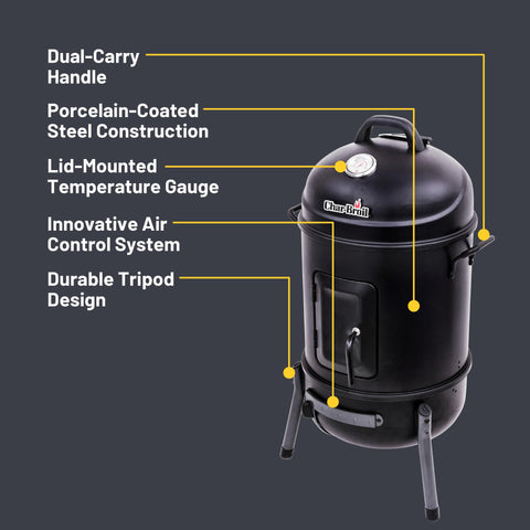 Char-Broil Bullet Smoker ash pan removal enables quick cleanup.