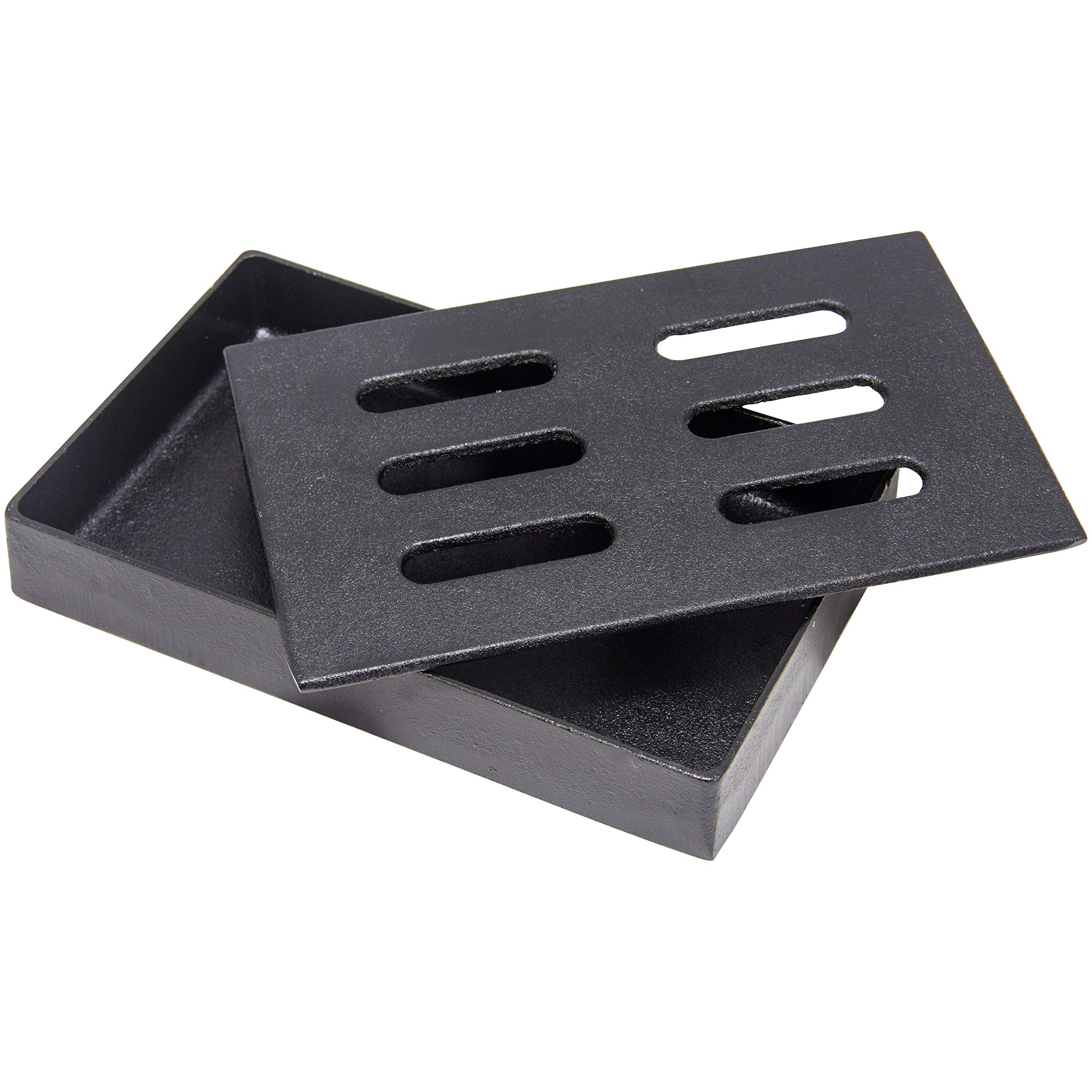 Char-Broil cast iron smoker box top view directs smoke toward meat