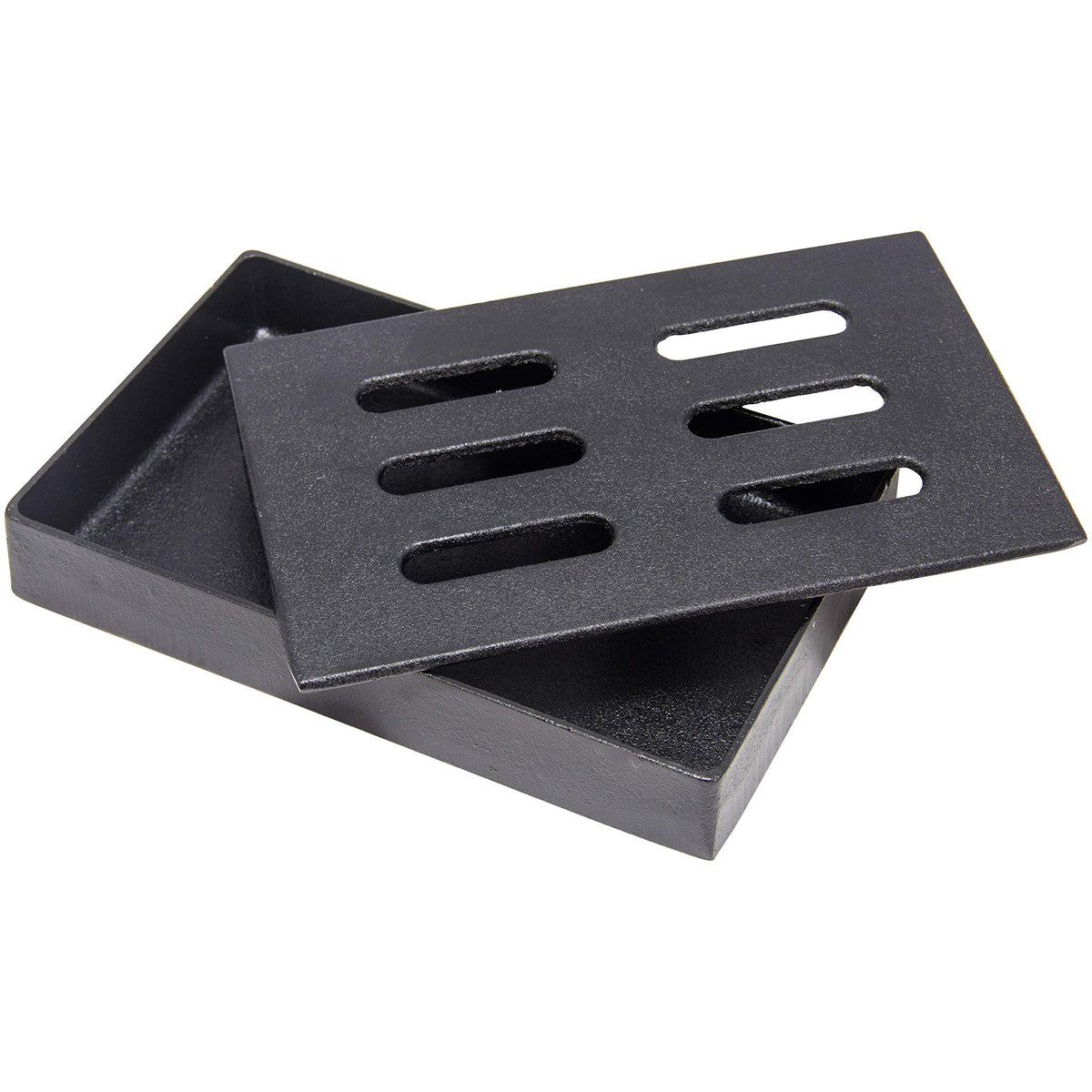 Char-Broil cast iron smoker box top view directs smoke toward meat