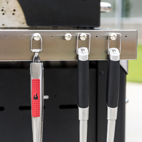 Charbroil tool hooks hold tongs and brushes close for quick, clean grilling.