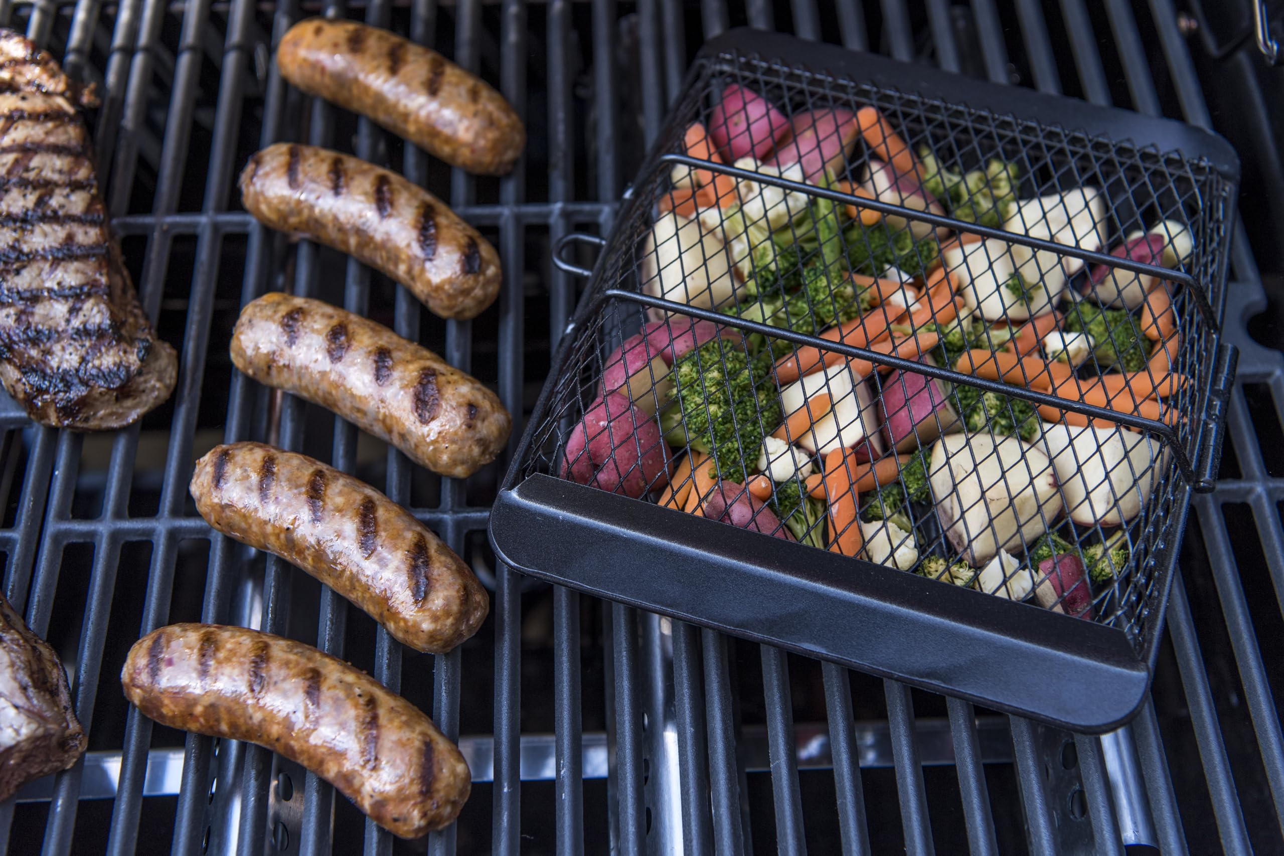 Non-stick surface aids easy cleanup after grilling veggies and seafood