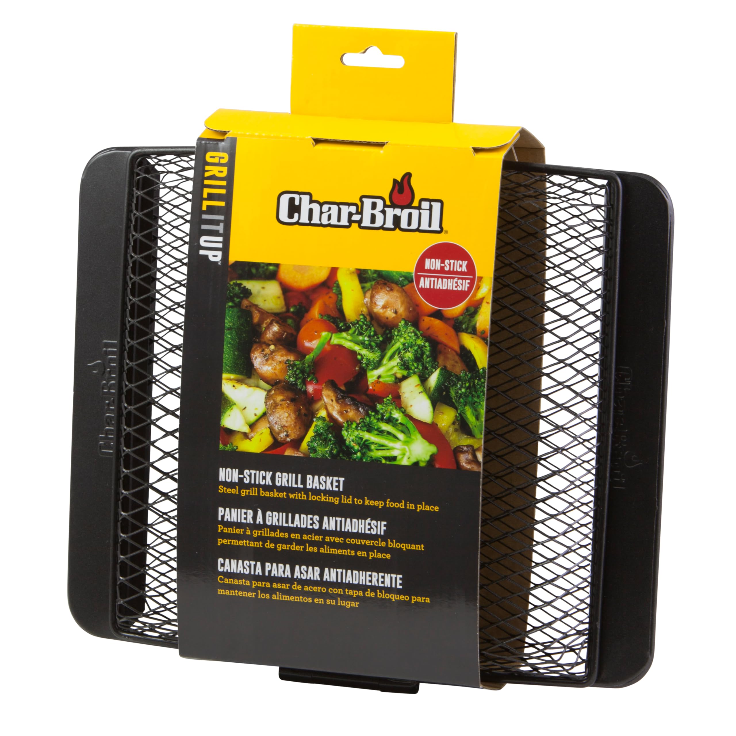 Vegetables and kebabs grilled evenly in the Char-Broil non-stick basket
