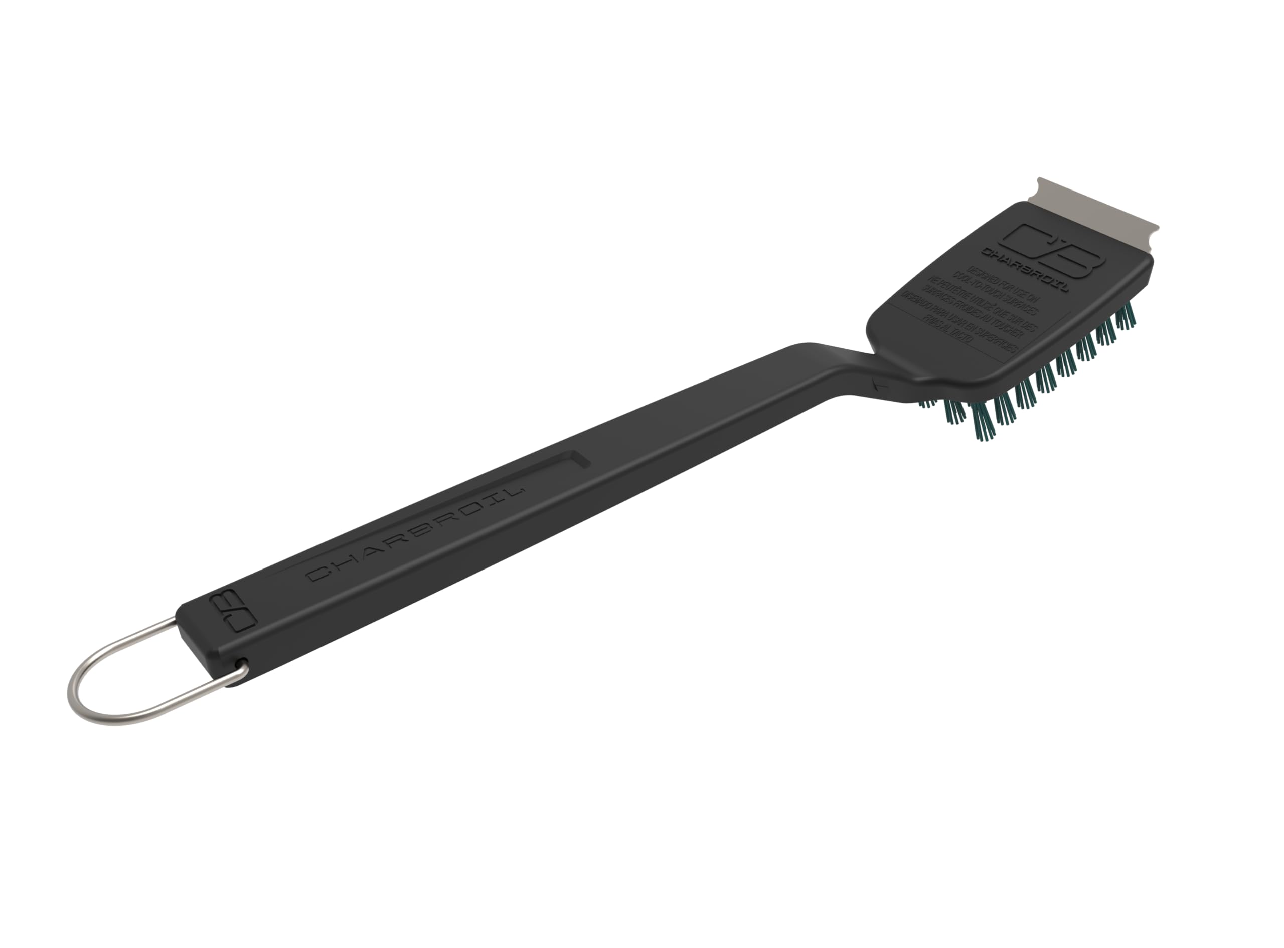 Charbroil Safer Grill Brush close-up highlighting emerald nylon bristles for durability.