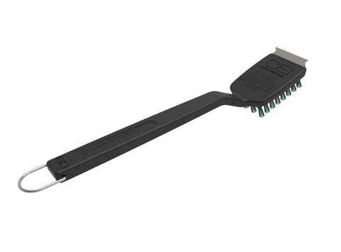 Charbroil Safer Grill Brush close-up highlighting emerald nylon bristles for durability.
