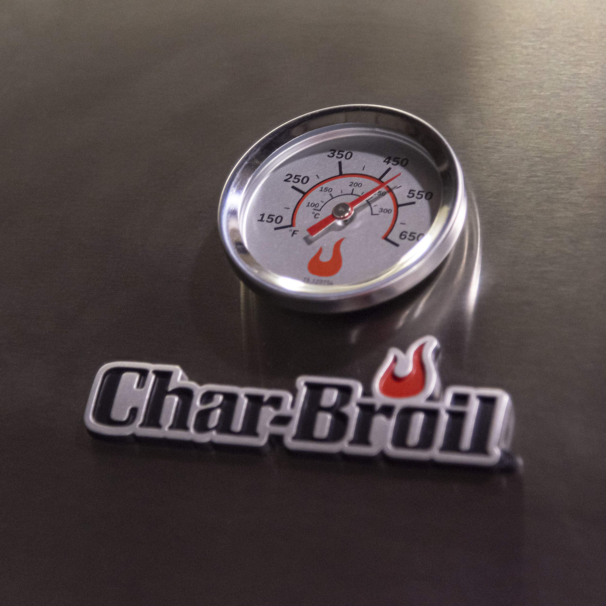 Charbroil temperature gauge displays Fahrenheit and Celsius for quick reference