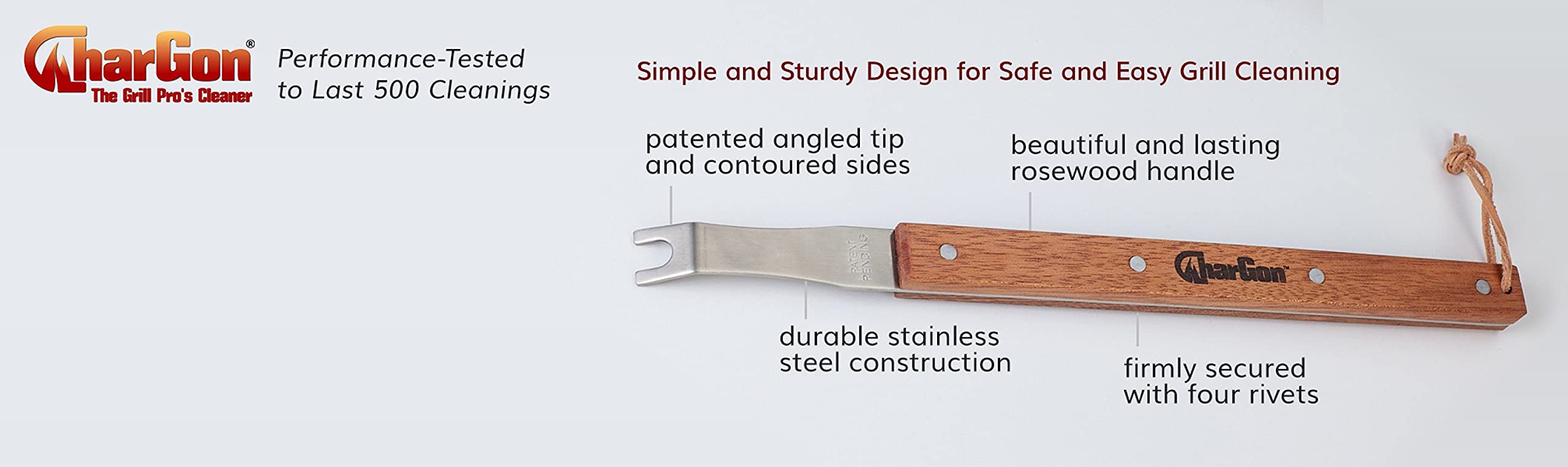 CharGon tool closeup highlights rosewood handle for a comfortable grip