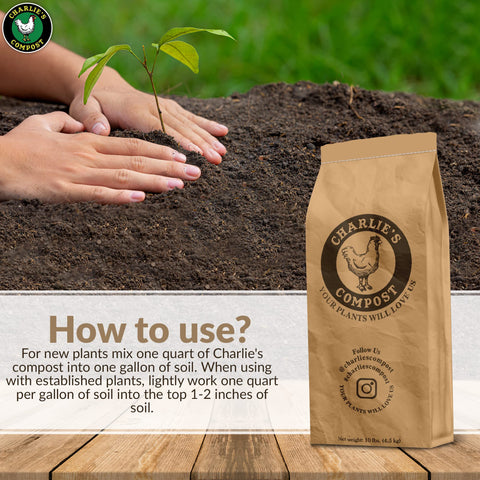 Charlie's Compost container-nourishment shown for potted plants in small spaces.