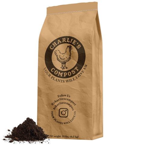 Charlie's Compost odor-free bag shown for compact gardening use and odorless soil enrichment.