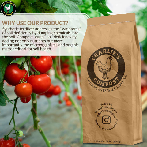 Charlie's Compost soil enrichment shown in bed or container for healthier soil.