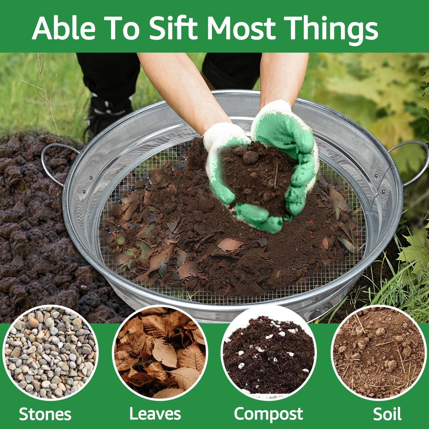 Outdoor garden setup with CHARMDECOR sifter filtering soil outdoors.