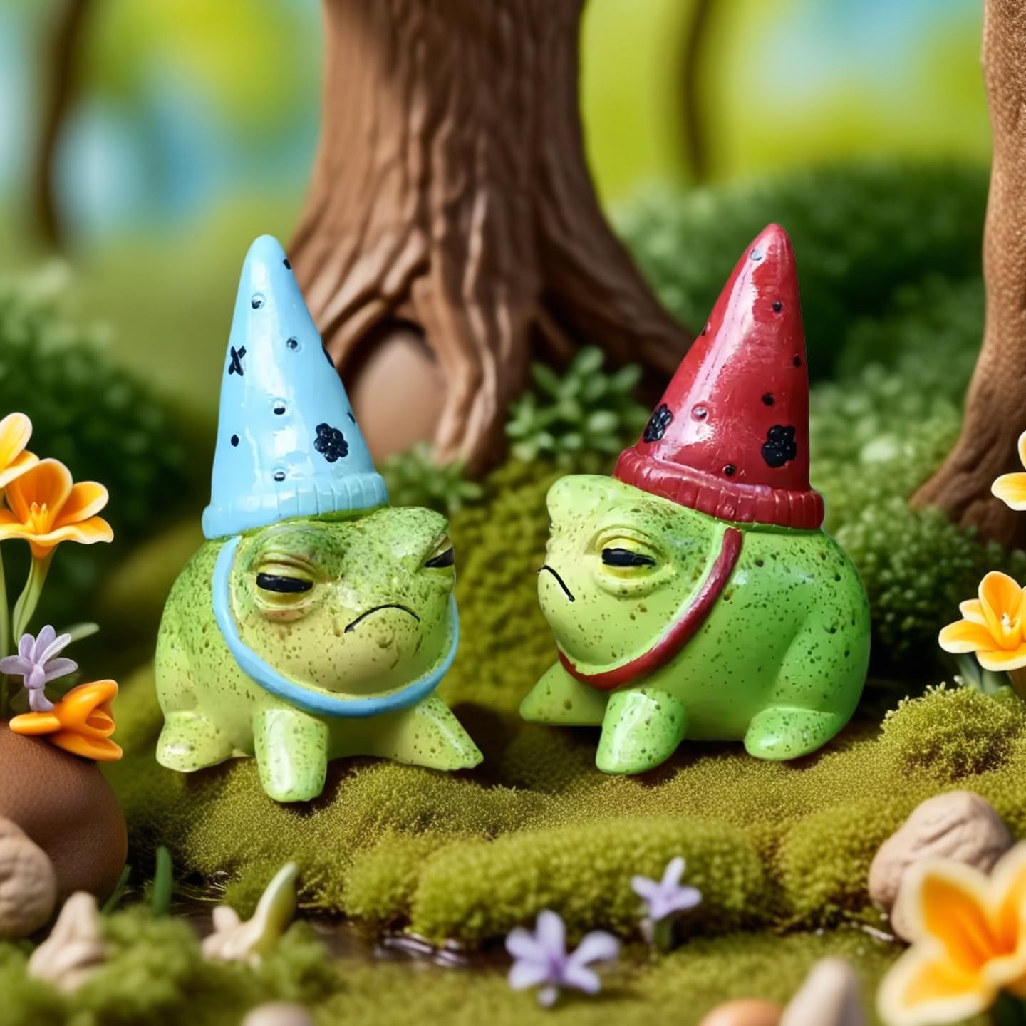 Charming resin frog figurine with flower design adds whimsical planter charm.