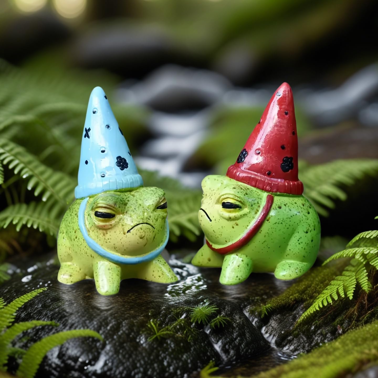 Charming resin frog figurine with hat close-up for fairy garden details.