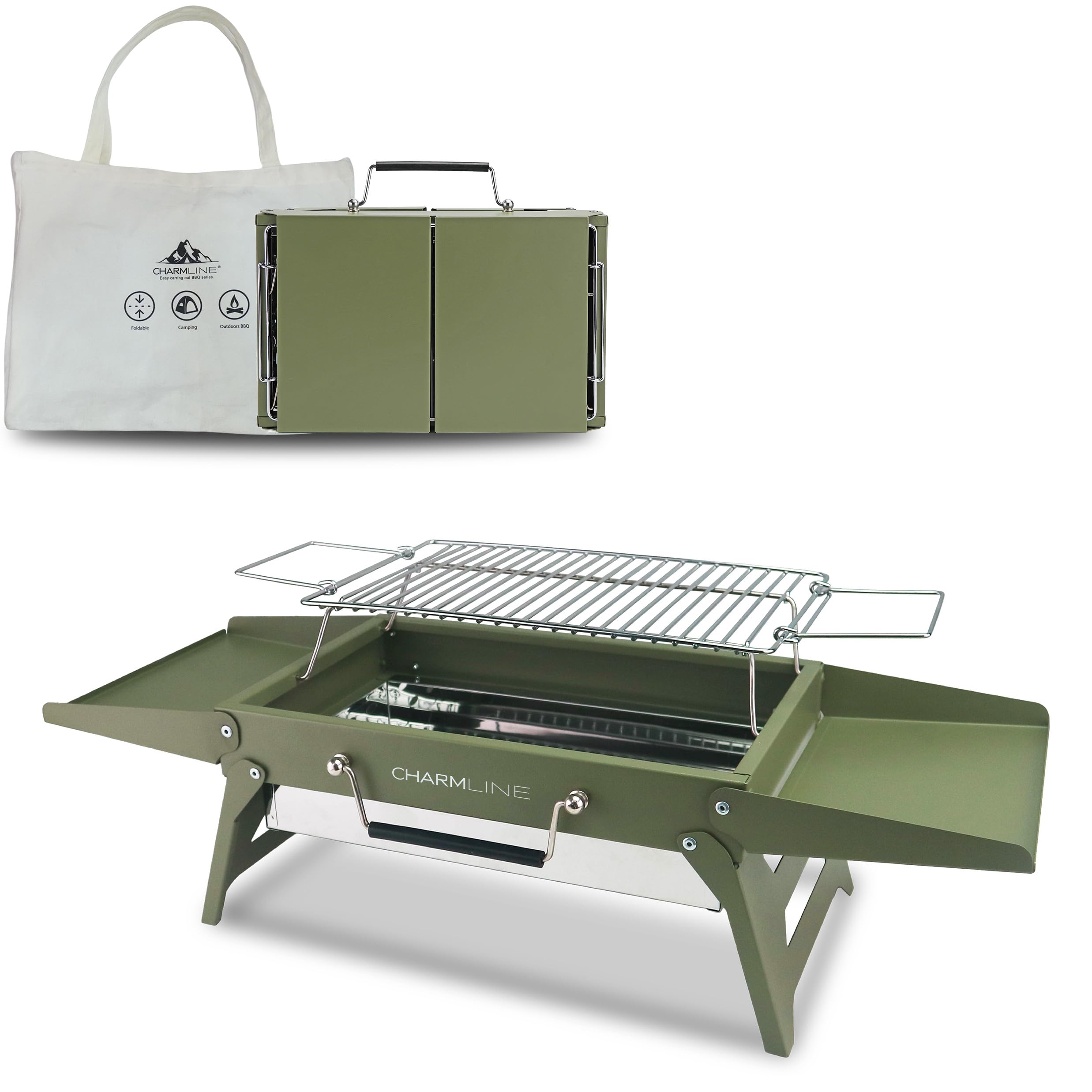 Charmline 14x9 small portable charcoal grill folded for travel and camping convenience.