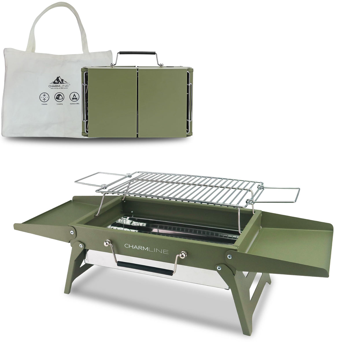 Charmline 14x9 small portable charcoal grill folded for travel and camping convenience.