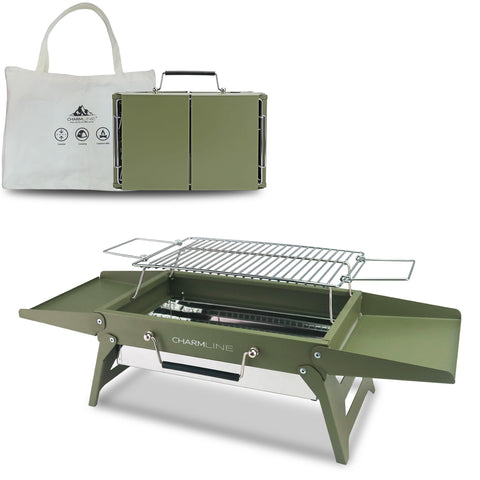 Charmline 14x9 small portable charcoal grill folded for travel and camping convenience.