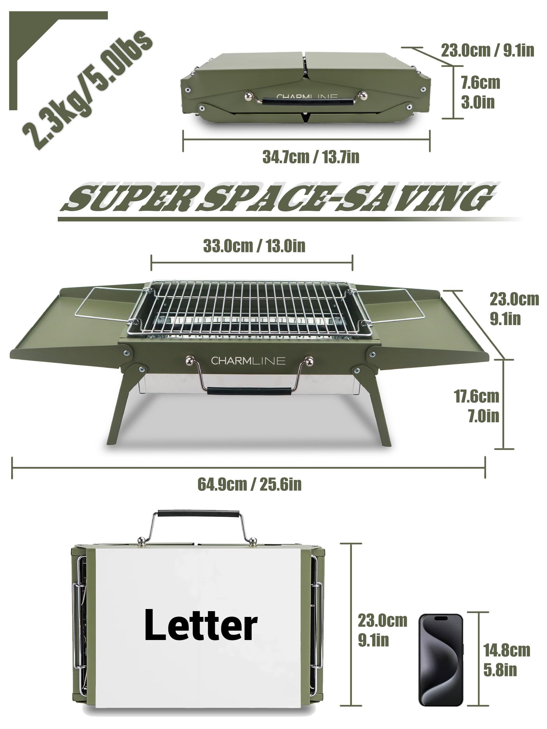 Charmline 14x9 small portable charcoal grill opened for table grilling setup.