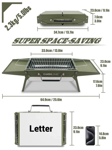 Charmline 14x9 small portable charcoal grill opened for table grilling setup.
