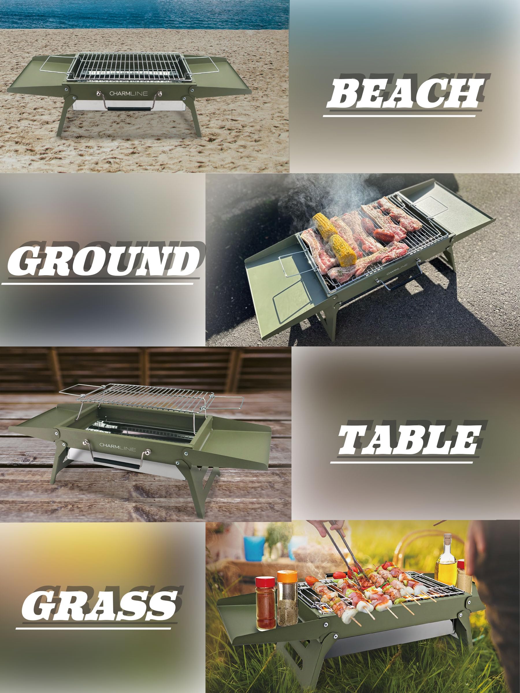 Charmline grill at the beach scene showing portable outdoor setup for parties.