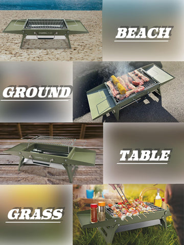 Charmline grill at the beach scene showing portable outdoor setup for parties.