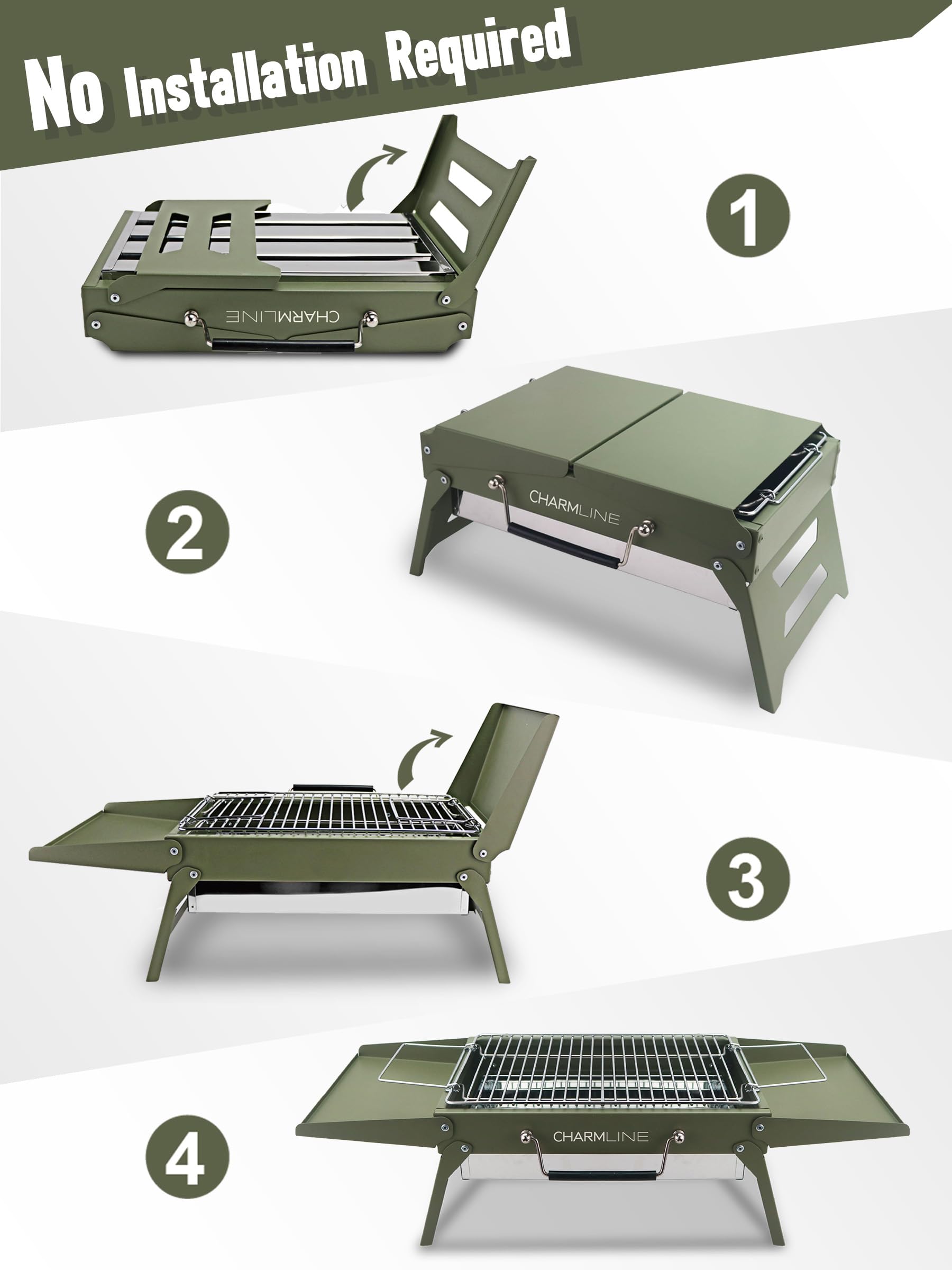 Charmline grill with sauce-space—handy for keeping marinades within reach.