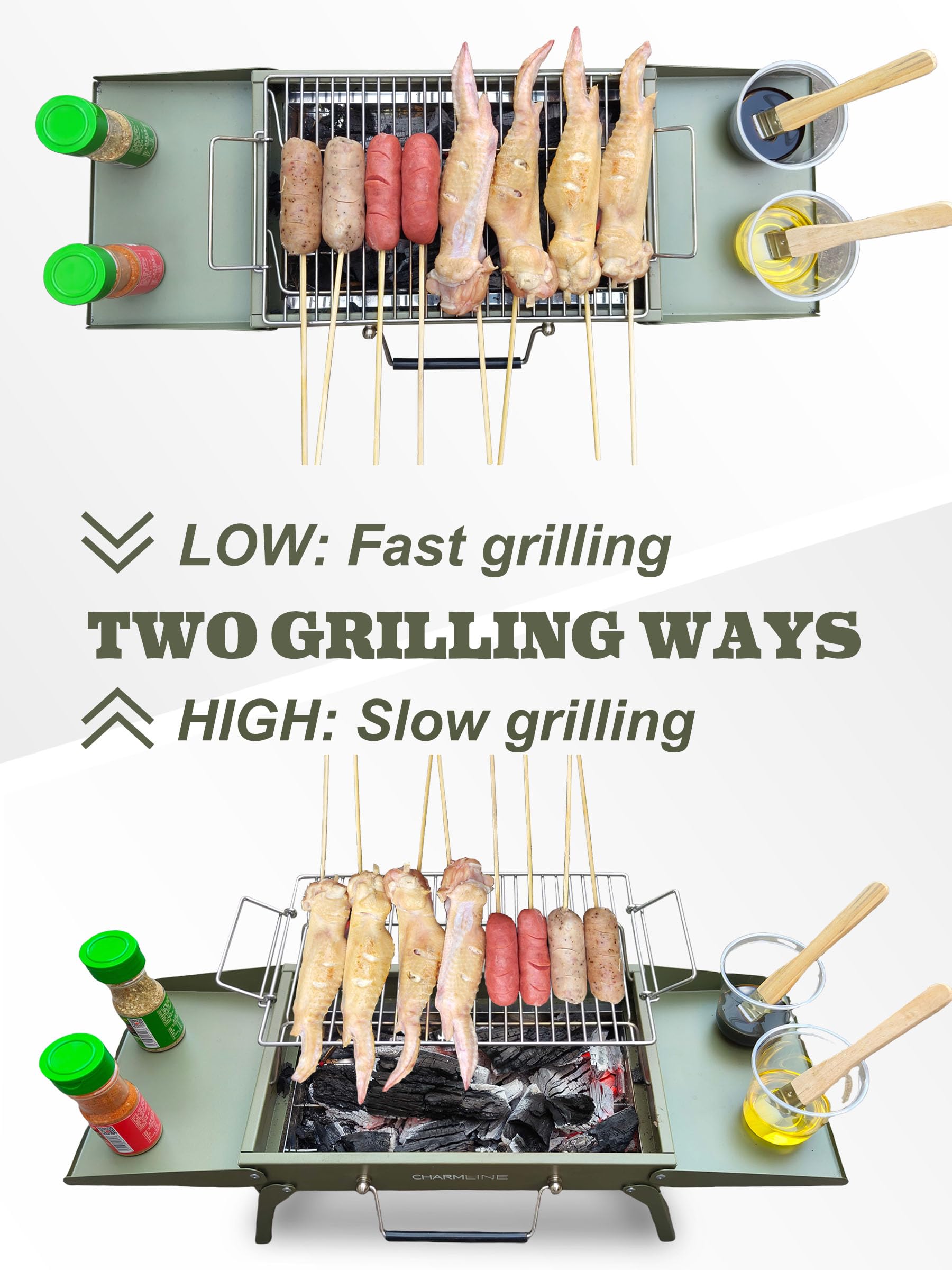Charmline grill stable on desktop, sand, grass, and flat surfaces for reliable cooking.