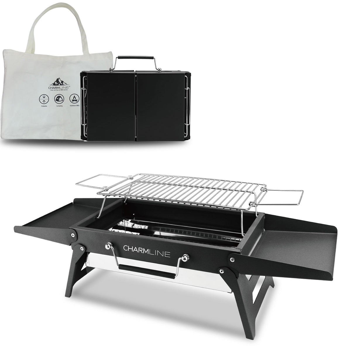 Charmline foldable grill closed, compact for travel and easy storage.