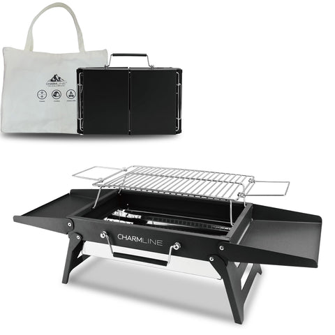 Charmline foldable grill closed, compact for travel and easy storage.