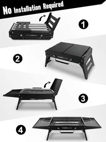 Charmline foldable grill open for cooking with even heat.