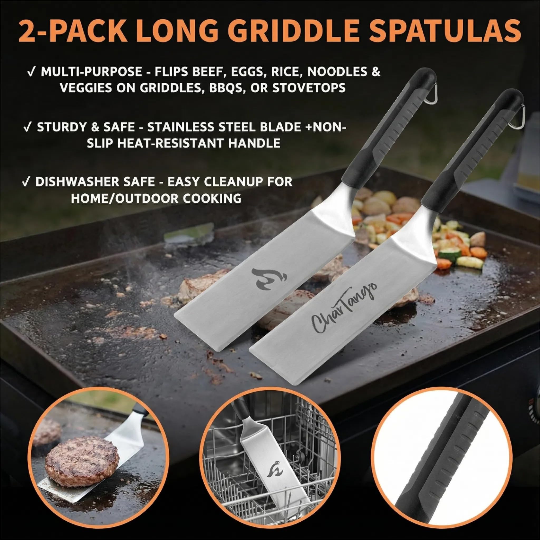 CharTango universal-fit griddle tools ready for Blackstone and Camp Chef