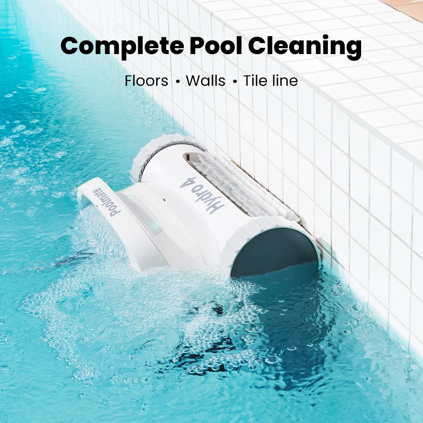 Chasing Poolmate Hydro 4 waterline cleaning along pool edge.