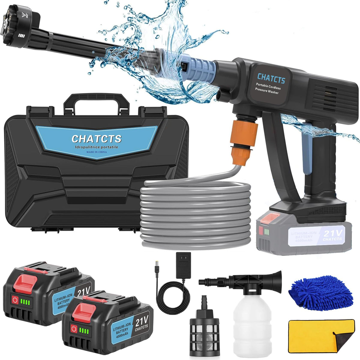 CHATCTS portable cordless pressure washer 980psi powers deep cleaning on cars and patios.