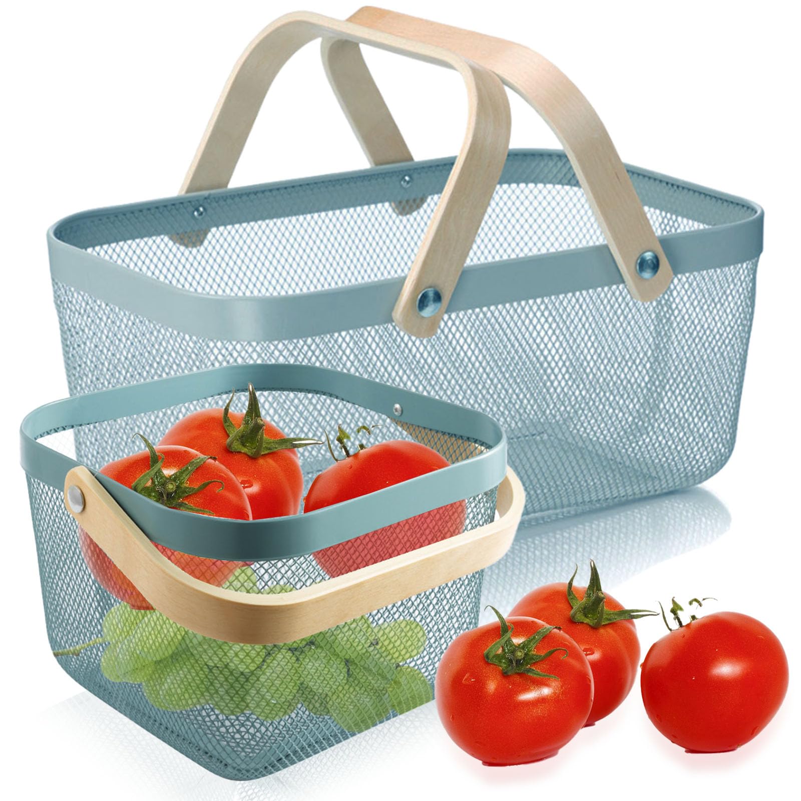 Cheardia large blue metal mesh picnic basket for easy fruit transport.