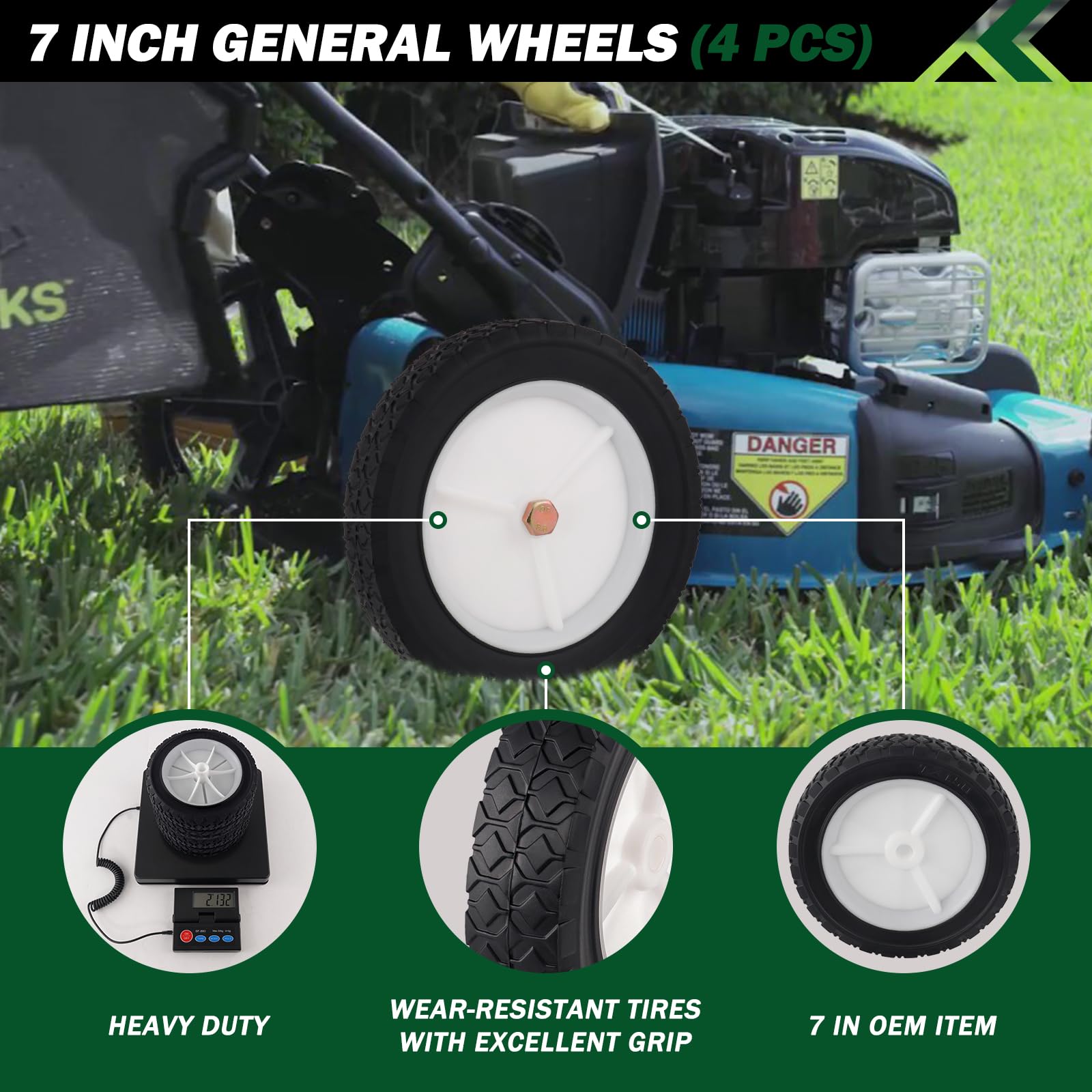 CheeMuii 7-inch lawn mower wheel side view; easy installation and reliable traction.
