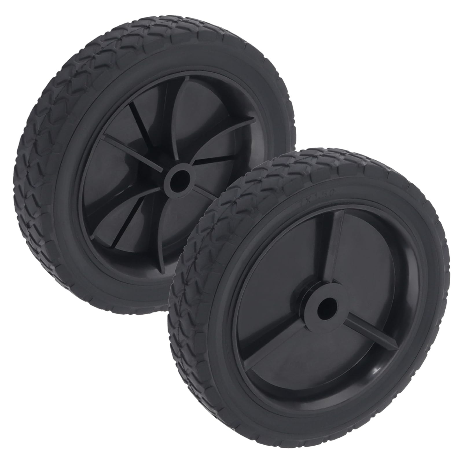 CheeMuii 7-inch lawn mower wheel closeup showing durable PVC and easy replacement