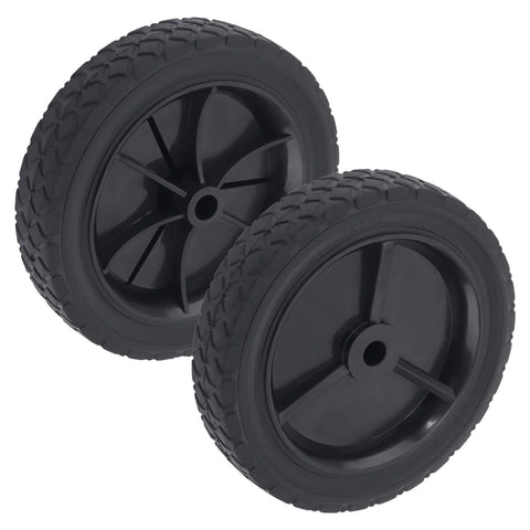 CheeMuii 7-inch lawn mower wheel closeup showing durable PVC and easy replacement