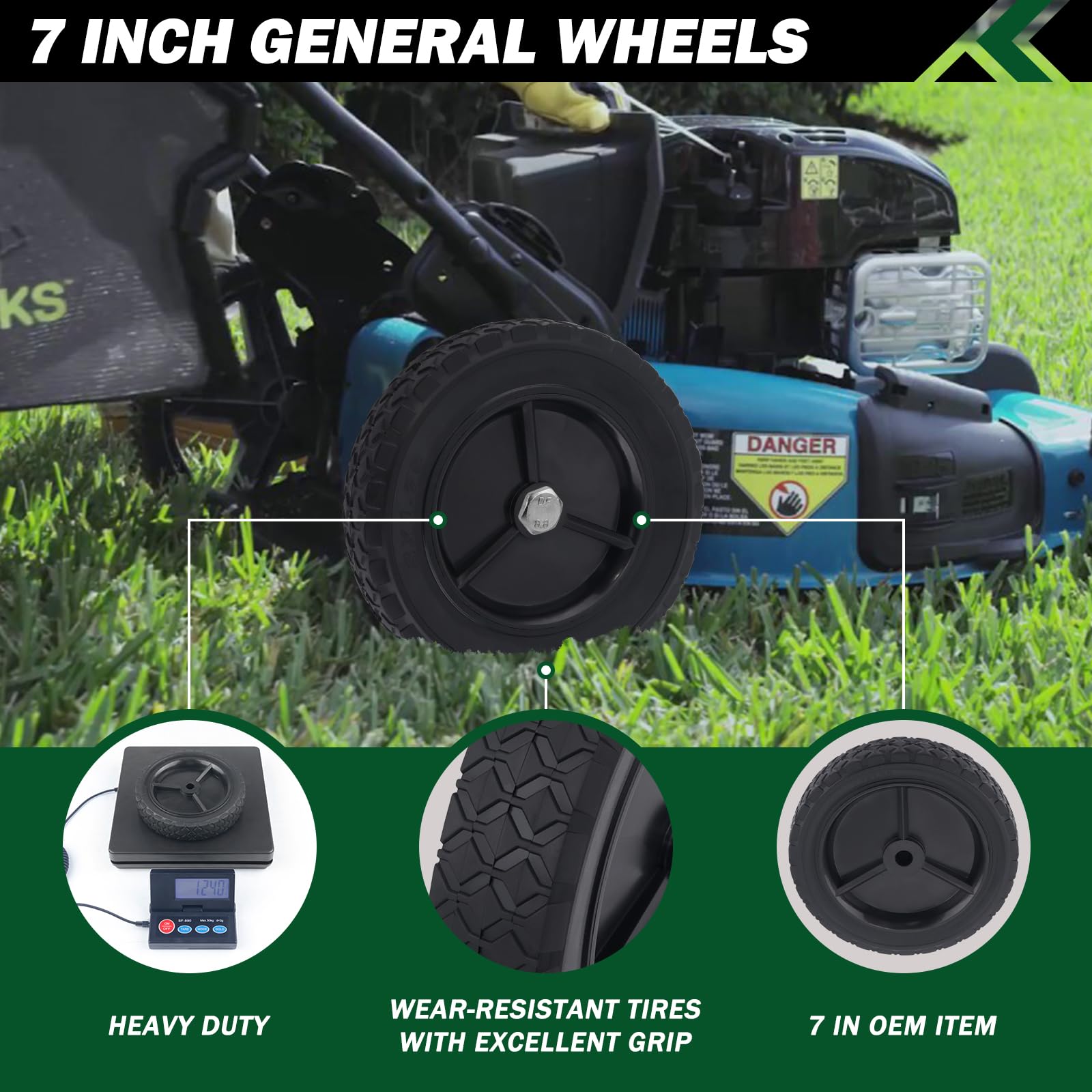 CheeMuii 7-inch lawn mower wheel side view for quick maintenance checks